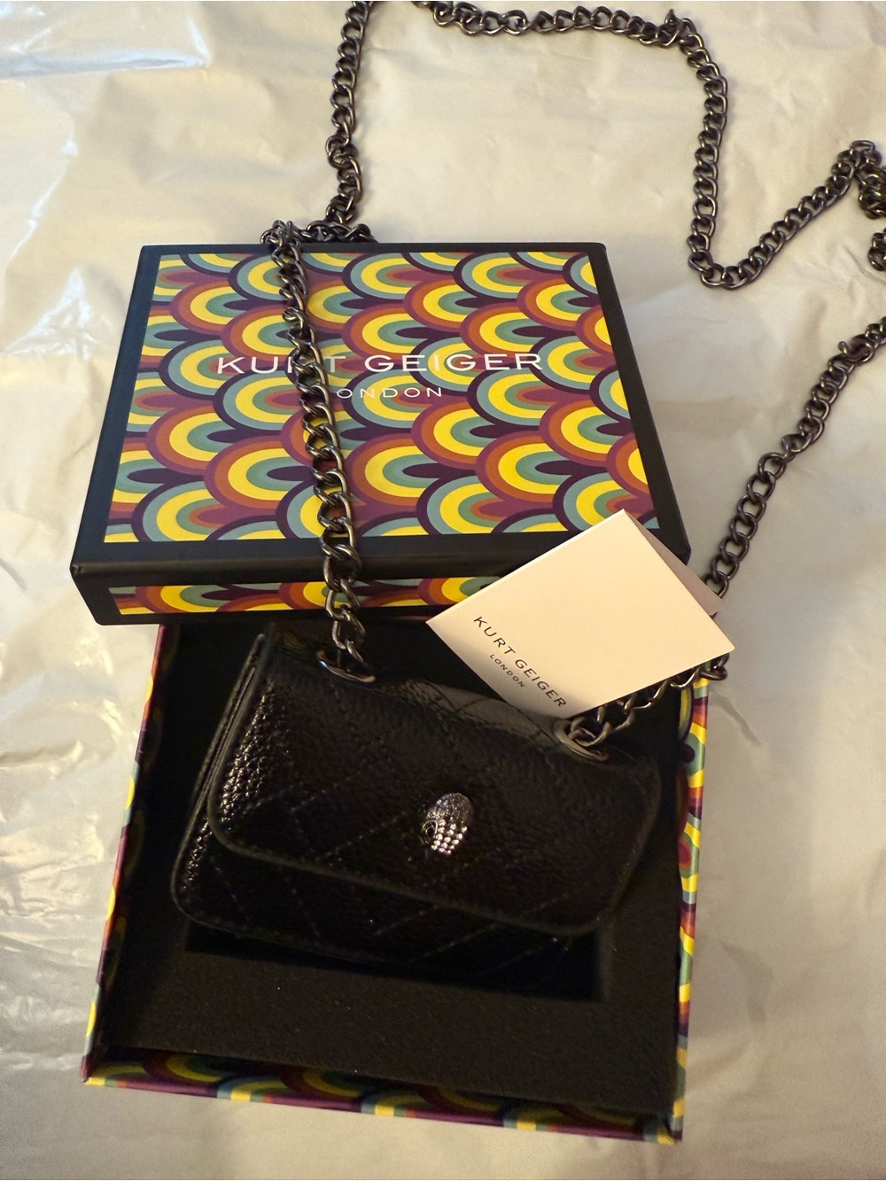 Kurt Geiger Black Quilted Mini Chain Crossbody Bag with Crystal Clasp